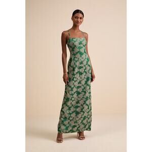 Lulus Merrion Green Floral Satin Lace-up Maxi Dress - Size XL